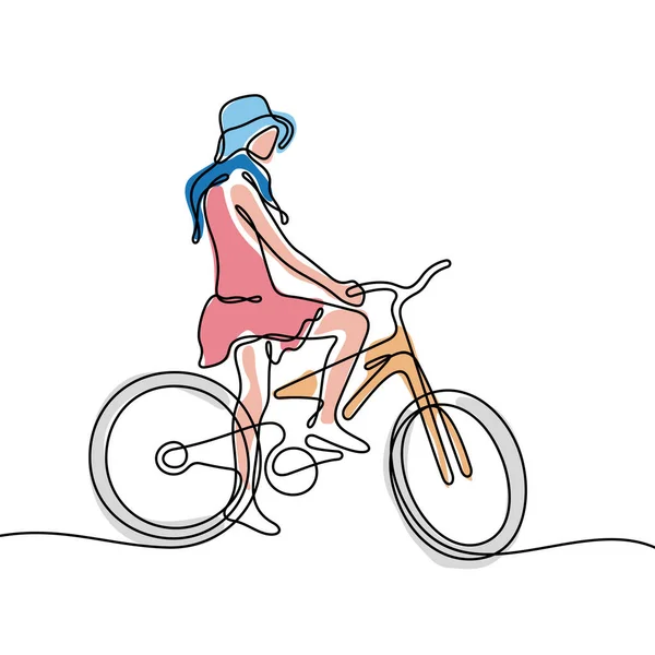 Fille Sur Vélo Ligne Continue Illustration Vectorielle Colorée — Image vectorielle