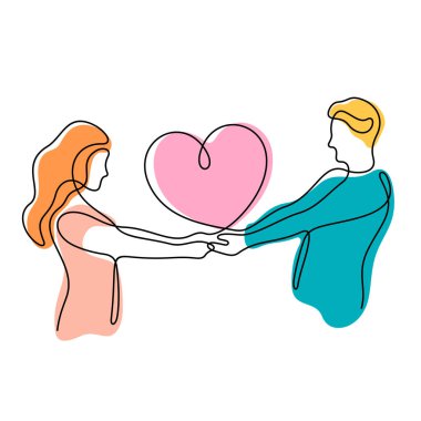 Loving couple with heart abstract continuous line colourful vector illustration clipart