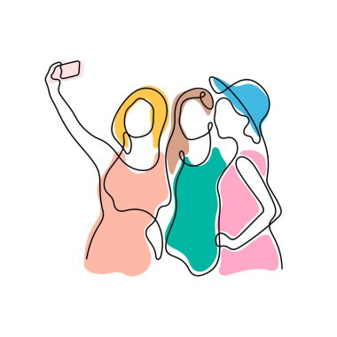 Selfie yapan kızlar sürekli renkli vektör çizgisi çizimi