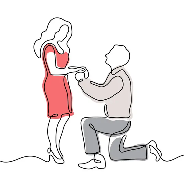 Man Kneeling Proposing Woman Continuous Line Colourful Vector Illustration — Stock Vector