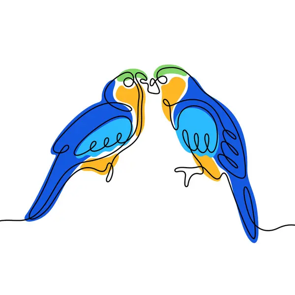 Lovebirds Parrots Continuous Line Colourful Vector Illustration — Stock Vector