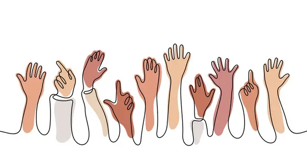 Hände Erheben Sich Kontinuierlich Linie Bunte Vektorillustration Diversity Menschen Drängen — Stockvektor