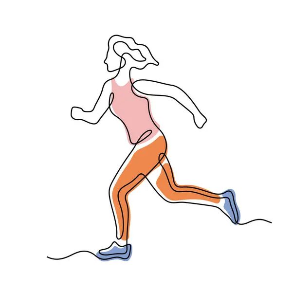 Mujer Corriendo Línea Continua Ilustración Vectorial Colorido Ilustración Entrenamiento Vectores de stock libres de derechos