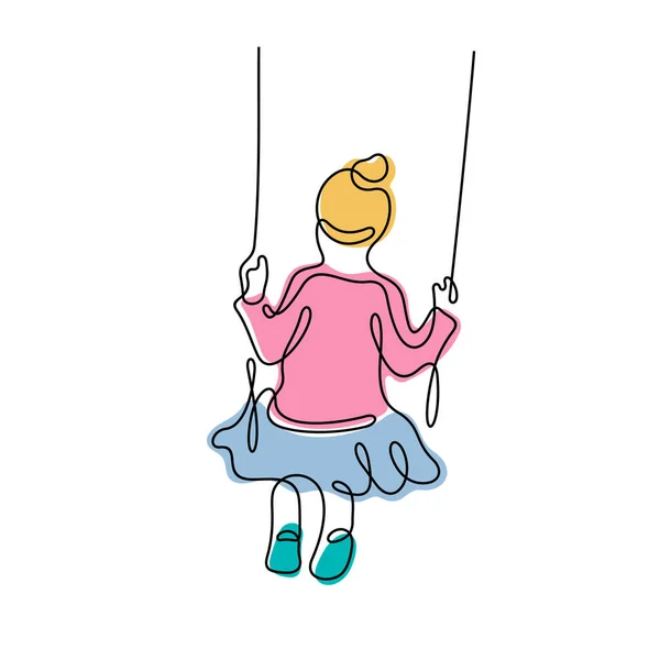 Malá Dívka Hrát Houpačky Jeden Řádek Vektorové Ilustrace Stock Ilustrace