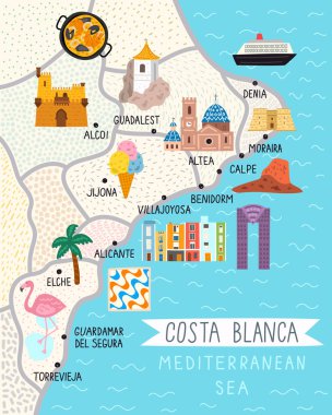 Costa Blanca, İspanya seyahat işaretleri haritası