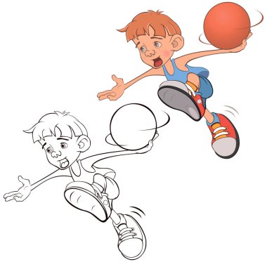 Şirin Küçük Çocuğun Vektör İllüstrasyonu. Basketbolcu. Renk Kitabı. 