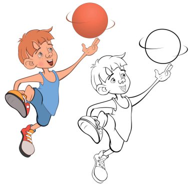 Şirin Küçük Çocuğun Vektör İllüstrasyonu. Basketbolcu. Renk Kitabı. 