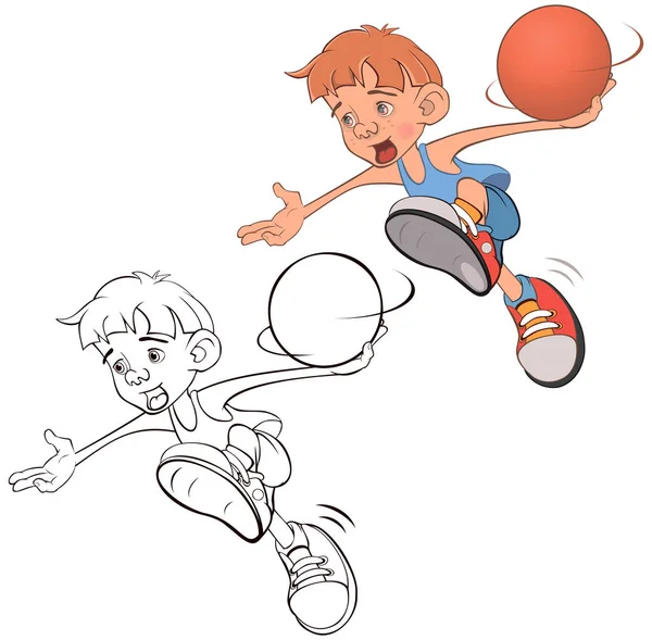 Aranyos Kisfiú Vektorillusztrációja Kosárlabda Játékos Színező Könyv — Stock Vector