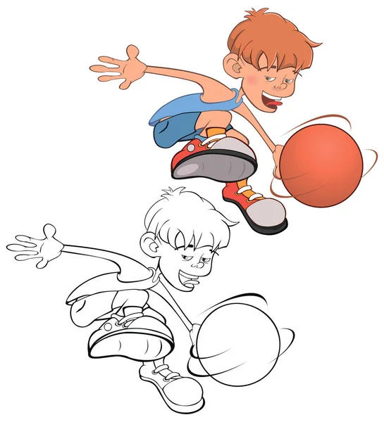 Ilustración Vectorial Cute Little Boy Jugador Baloncesto Libro Para Colorear — Vector de stock