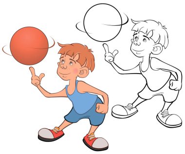 Şirin Küçük Çocuğun Vektör İllüstrasyonu. Basketbolcu. Renk Kitabı.