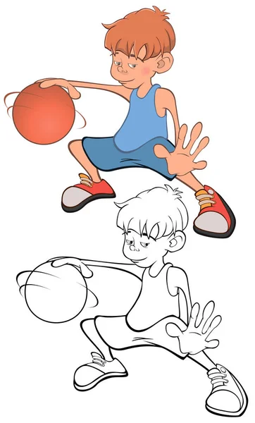 Vektorillustration Des Niedlichen Kleinen Jungen Basketballspieler Malbuch — Stockvektor