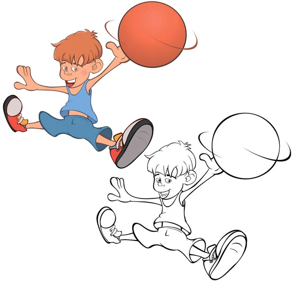Ilustración Vectorial Cute Little Boy Jugador Baloncesto Libro Para Colorear — Vector de stock