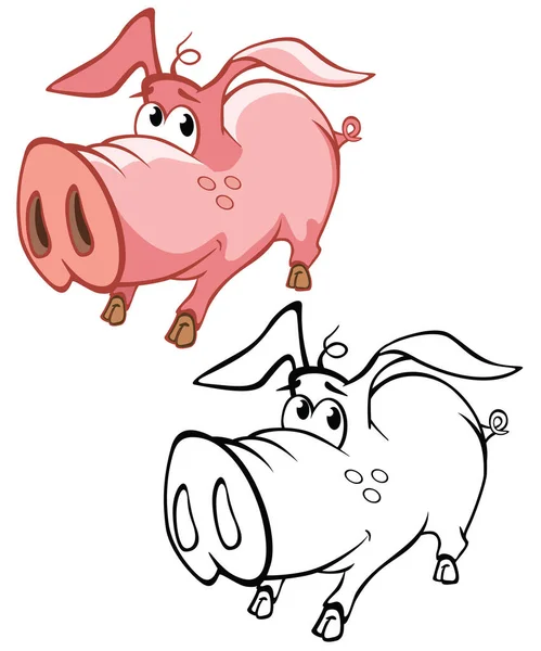 为您的设计和电脑游戏提供一个可爱的卡通角色猪的矢量说明 彩色书纲要集 — 图库矢量图片