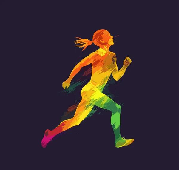 逃げろ 黒い背景のロゴタイプのために走っている女の子 エンブレム サイン シンボル ブランク カラフルなベクトルイラスト — ストックベクタ