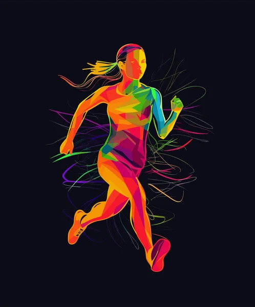 逃げろ 黒い背景のロゴタイプのために走っている女の子 エンブレム サイン シンボル ブランク カラフルなベクトルイラスト — ストックベクタ
