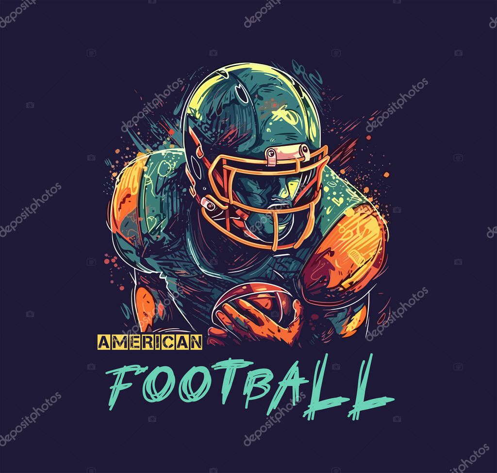 American football. Symbol, emblem with an American football player with a ball. Vector illustration