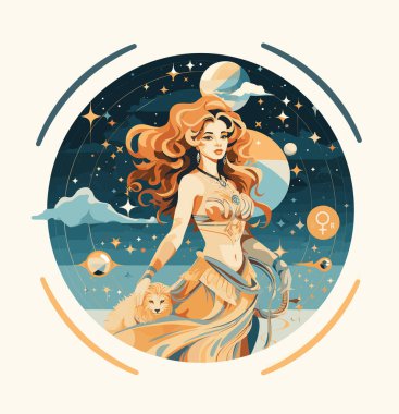 Leo 'daki Venüs gezegenini geri çek. Gezegenlerin arka planında aslanı olan güzel Venüs kızı. Astroloji, mitoloji? Vektör düz resimleme