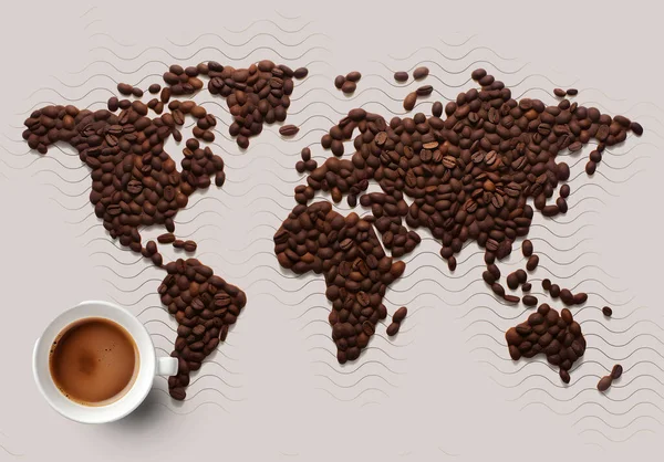 Coffee world map with coffee cup on light background. Wallpaper