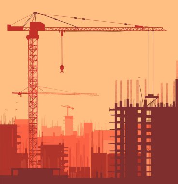 İnşaat halindeki binaların arka planına karşı inşaat vinci. Vektör düz resimleme