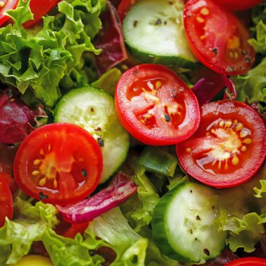 Domatesleri, salataları ve su damlacıklarıyla salatalıkları gösteren canlı, taze salata malzemelerini yakından çek..