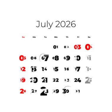 ABD vektörü için Temmuz 2026 takvimi