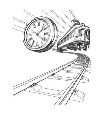 Demiryolu Skeç Çizim Çizim vektörü beyaz zemin üzerinde Vintage Tren ve Saat