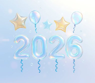 2026 Mutlu yıllar balonlar, kurdeleler ve konfetilerle. Sıvı cam.