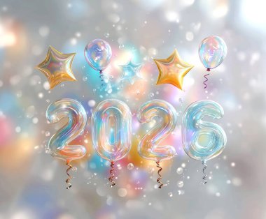 2026 Mutlu yıllar balonlar, kurdeleler ve konfetilerle. Sıvı cam.