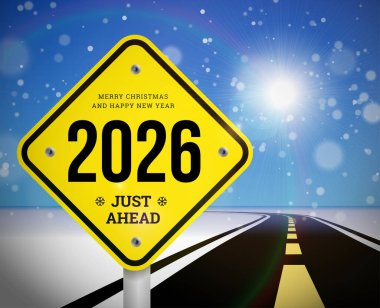 Happy new year 2026 greetings with road sign on the background of the road going into the distance planning concept and goals implementation. Vector illustration of snowy background