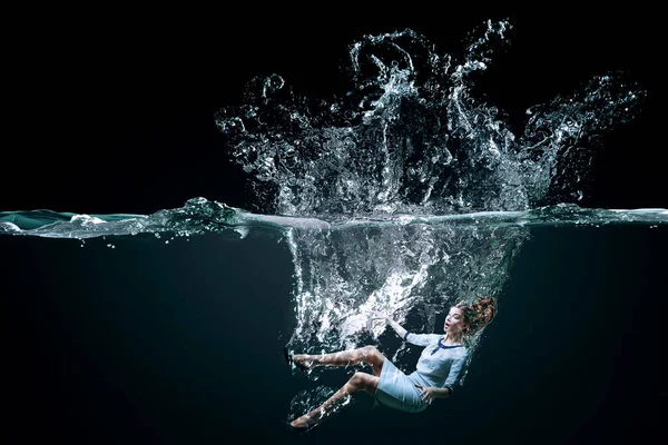 Young Businesswoman Swimming Underwater Mixed Media — Stock Photo, Image
