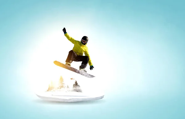Snowboarder Und Alpenlandschaft Gemischte Medien — Stockfoto