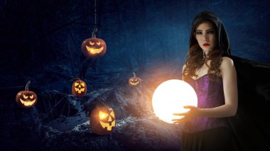 Cadı şapkası ve kostümü giymiş güzel bir kadın. Cadılar Bayramı sanat tasarımı. Karışık ortam