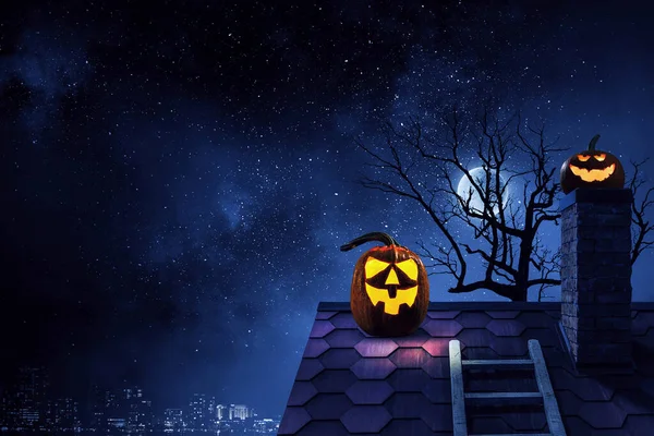 Imagen Halloween Con Calabazas Espeluznantes Medios Mixtos —  Fotos de Stock