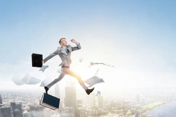 Portrait Energetic Businessman Jumping Open Air Mixed Media — Stock Photo, Image