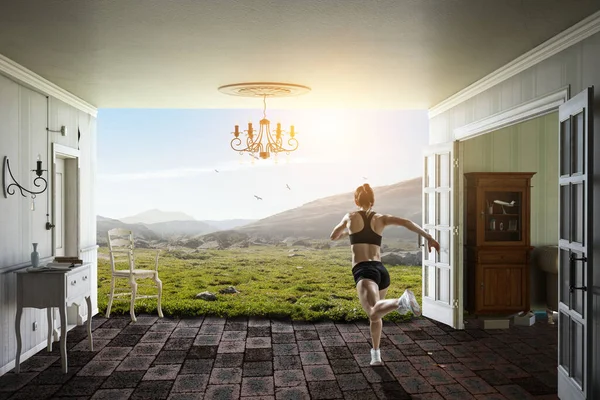 Woman Running Exercising Fitness Healthy Lifestyle Mixed Media — Stock Photo, Image