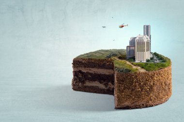 Pastanın üstünde şehir manzarası. Karışık ortam