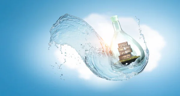 Koncepcja Środowiska Domu Wewnątrz Pływającej Butelki Szkła Media Mieszane — Zdjęcie stockowe