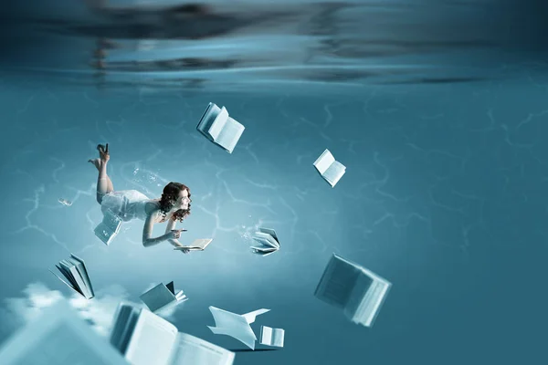 Woman Paper Pen Underwater Mixed Media — Stock Photo, Image
