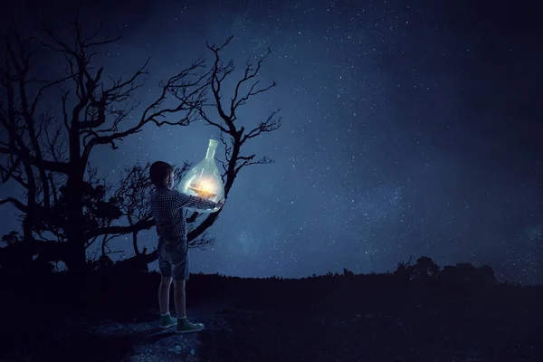 Boy Holding Flask Illuminated Landscape Mixed Media — Stock Photo, Image