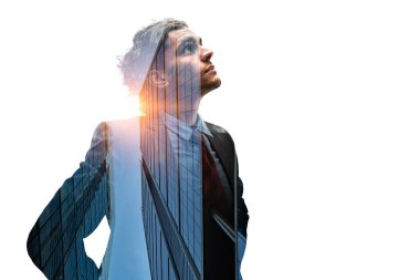 Yakışıklı, kendine güvenen bir iş adamının portresi. Liderlik kavramı. Karışık ortam