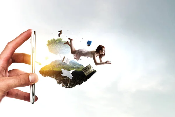 Young Woman Levitates While Reading Book Mixed Media — Stock Photo, Image
