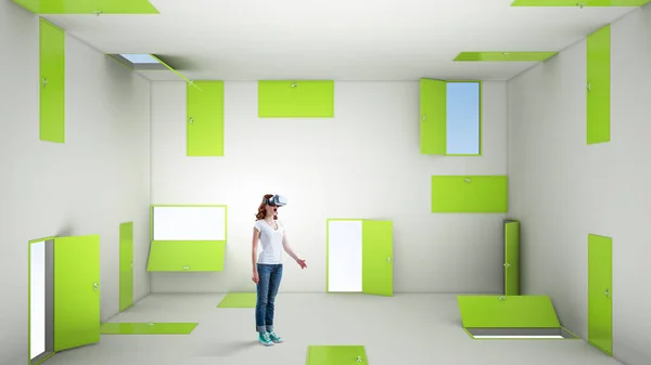 Kvinnan Bär Virtual Reality Glasögon Blandade Medier — Stockfoto