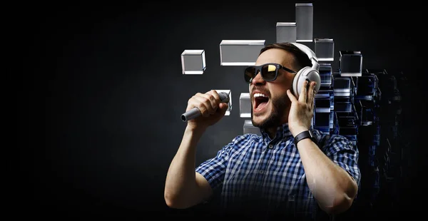 Young Man Headphones Mixed Media — Stock Photo, Image