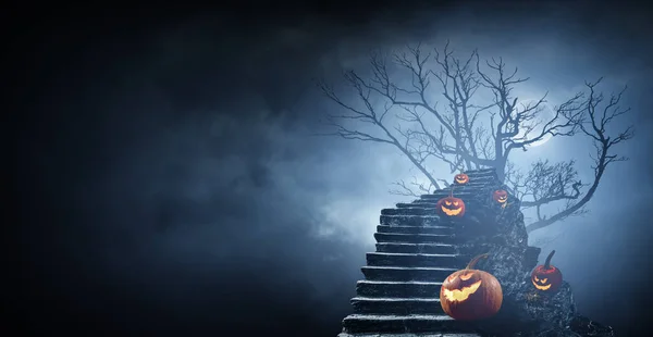 Halloween Design Kísérteties Sütőtökkel Vegyes Média — Stock Fotó