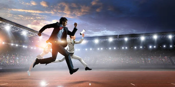 Portrait Energetic Businessman Running Mixed Media — Stock Photo, Image