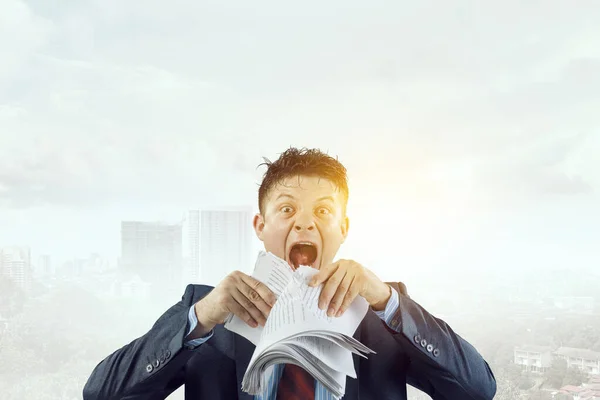Young Stressed Man Mad Work Ripping Documents Frustrated Facial Expression — Stock Photo, Image
