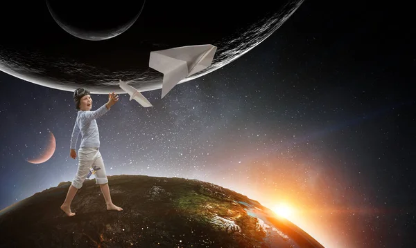 Happy Kid Playing Paper Airplane Mixed Media — Stock Photo, Image