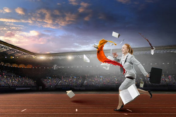 Competition Business Concept Running Businesswoman Mixed Media — Stock Photo, Image
