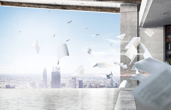 Концептуальный имидж с деловыми документами, летящими в воздухе. Смешанные медиа