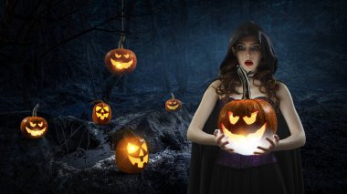 Cadı şapkası ve kostümü giymiş güzel bir kadın. Cadılar Bayramı sanat tasarımı. Karışık ortam